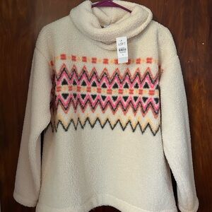 LOFT Cream Multicolor Patterned Cowlneck Sweater